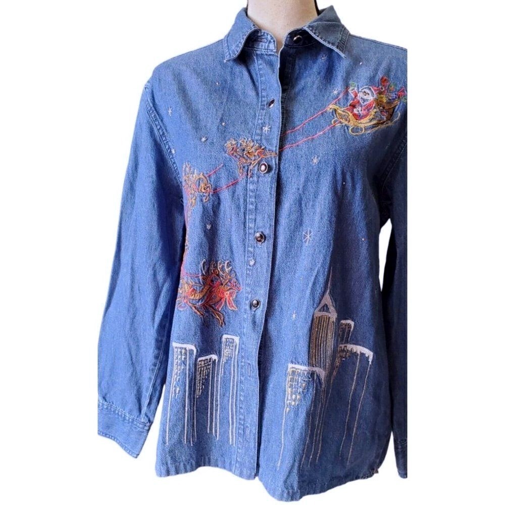 Vintage 90's Christmas Slay santa Denim jean Holiday size small party Casual